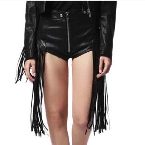 NWT black leather fringe shorts w/ embroidery